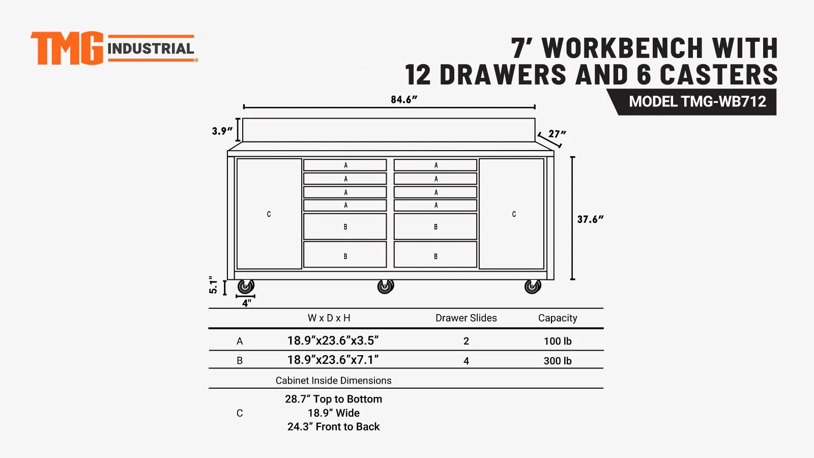 TMG Heavy Series™ 7-Ft 12-Drawer Workbench with Stainless Steel Top, Ball Bearing Double Slides & Casters, TMG-WB712-specifications-image