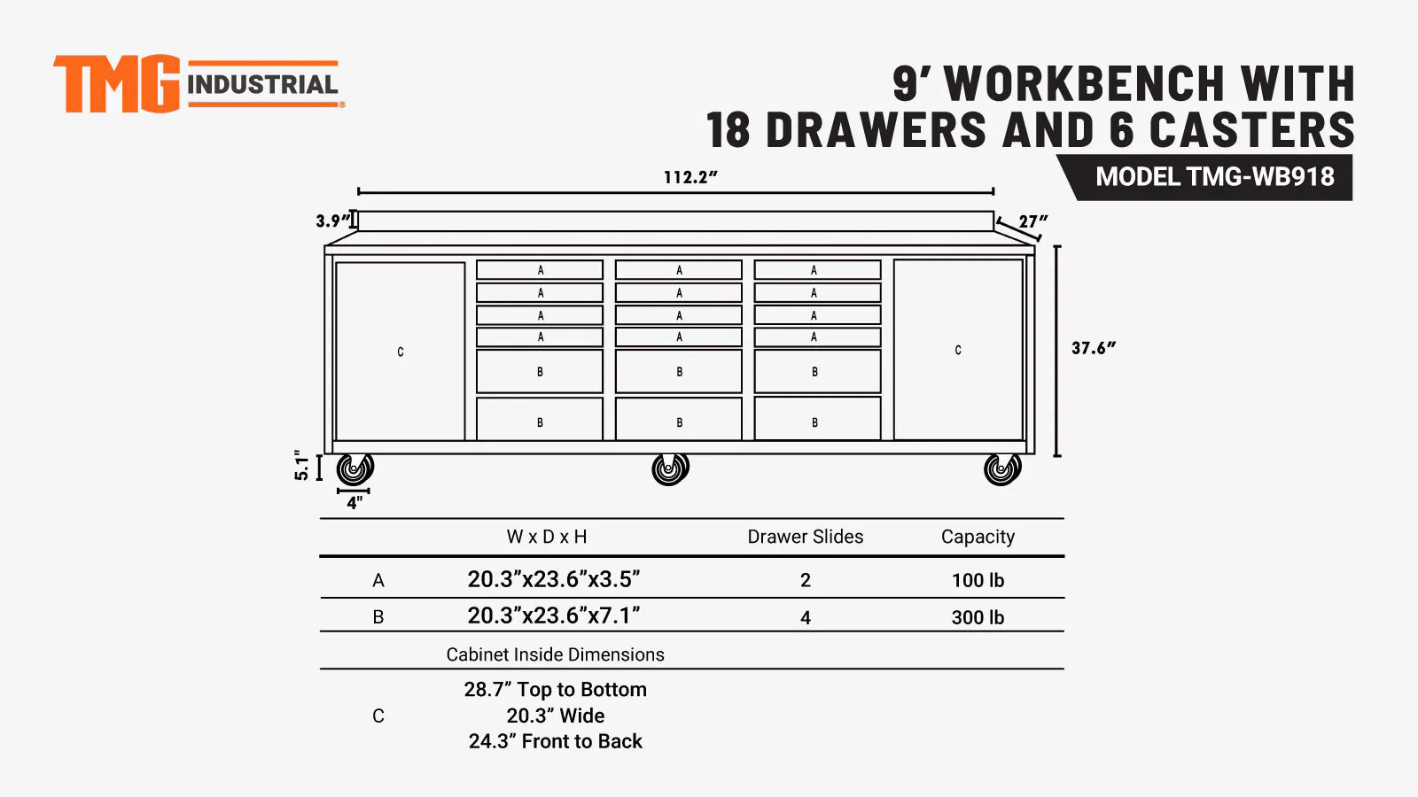TMG Heavy Series™ 2.8m Workbench with Stainless Steel Benchtop and 18 Drawers, TMG-WB918-specifications-image