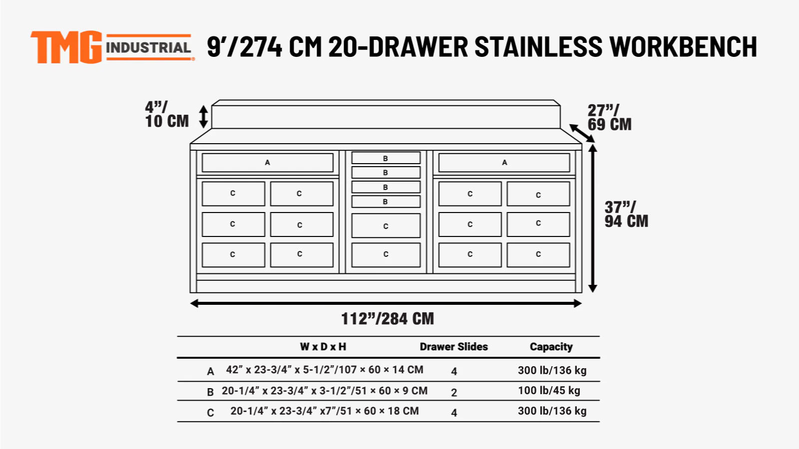 2.8m Workbench with Stainless Steel Benchtop and 20 Drawers, TMG-WB920-specifications-image