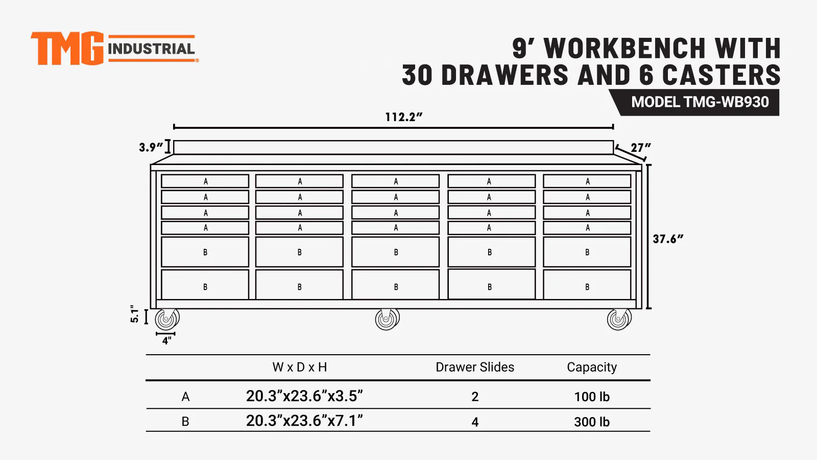 TMG Heavy Series™ 2.8m Workbench with Stainless Steel Benchtop and 30 Drawers, TMG-WB930-specifications-image
