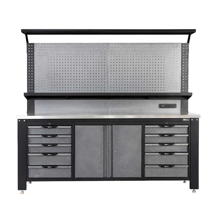 TMG Industrial 7’ Extreme Duty Steel Garage Workbench w/Pegboards, Adjustable Shelving, Power Outlets, USB Port, Magnetic Motion LED Lamps, TMG-WBC07-W