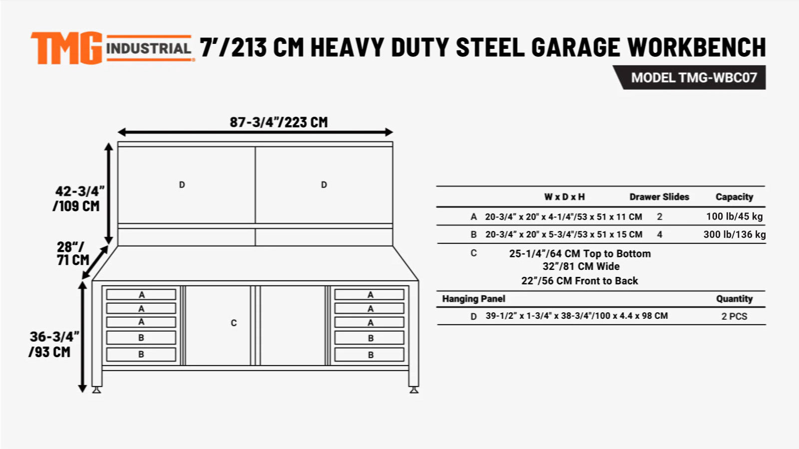 2.2m Commercial-Grade Workbench with Pegboard & Stainless Benchtop, TMG-WBC07-specifications-image