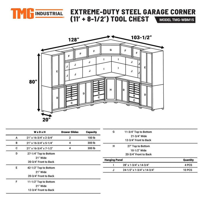 TMG Industrial Extreme-Duty Steel Garage Corner (11’ + 8.5’) Tool Chest w/Pegboard, Power Outlets, USB Port, Magnetic Motion LED Lamps, TMG-WBM15