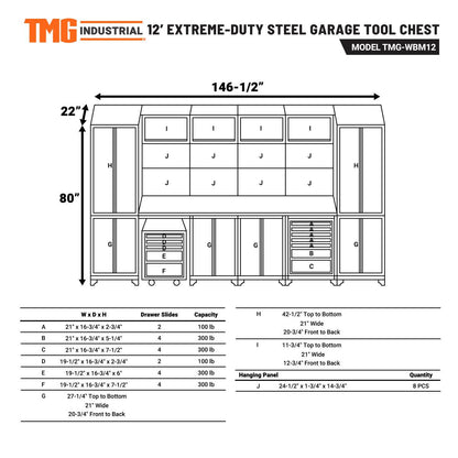 TMG Industrial 12’ Extreme-Duty Steel Garage Tool Chest w/Pegboard, Power Outlets, USB Port, Magnetic Motion LED Lamps, Cabinets & Roll-Out Tool Chest, TMG-WBM12