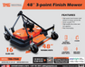 TMG Industrial 48’’ Tow-Behind 3-Point Hitch Finish Mower, 18-30 HP Compact Tractor, PTO Drive Shaft Included, TMG-TFN48