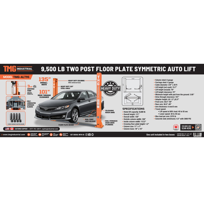 TMG Industrial 9500-lb Two Post Floor Plate Auto Lift, Symmetric Arms, 75” Lift Height, Dual-Point Lock Release, TMG-ALT95