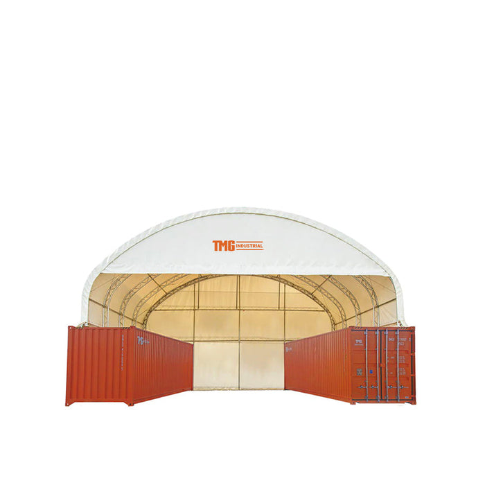 TMG Industrial 40' x 40' Dual Truss Container Shelter with Heavy Duty 21 oz PVC Cover, Enclosed End Wall & Front Drop, TMG-DT4041CF (DT4040CF)