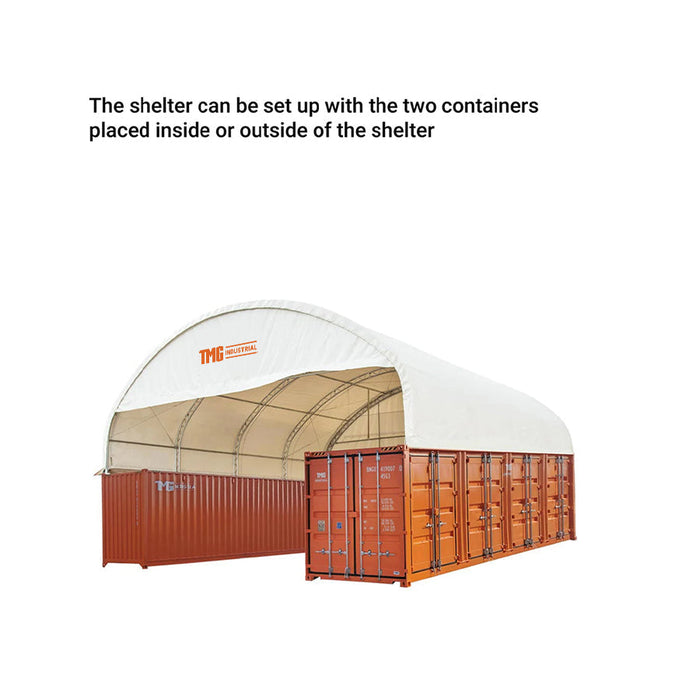 TMG Industrial 40' x 40' Dual Truss Container Shelter with Heavy Duty 21 oz PVC Cover, Enclosed End Wall & Front Drop, TMG-DT4041CF (DT4040CF)