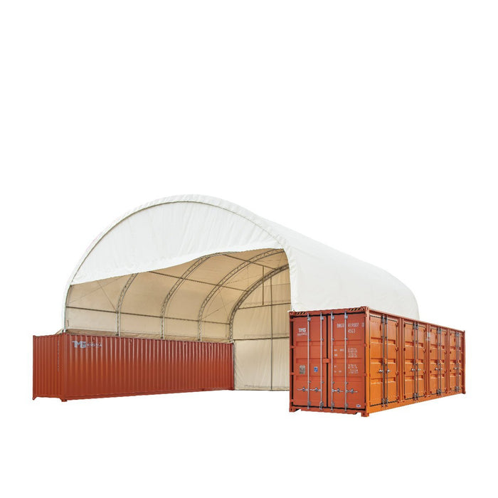 TMG-DT4040CF 40' x 40' Dual Truss Container Shelter, Enclosed End-Wall and Front Drop with Heavy Duty 21oz PVC Fabric