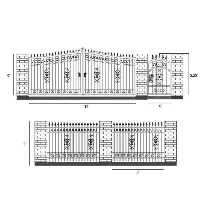 TMG Industrial 212-ft Bi-Parting Ornamental Wrought Iron Gate & Fence Panels Combo Pack, All Steel, Powder Coated, TMG-MG212P