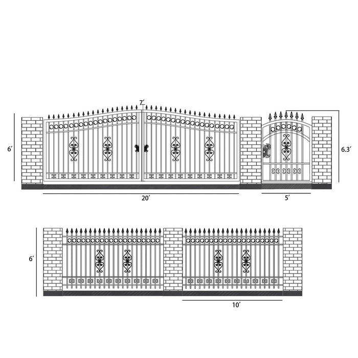 TMG Industrial 265-ft Bi-Parting Ornamental Wrought Iron Gate & Fence Panels Combo Pack, All Steel, Powder Coated, TMG-MG265P