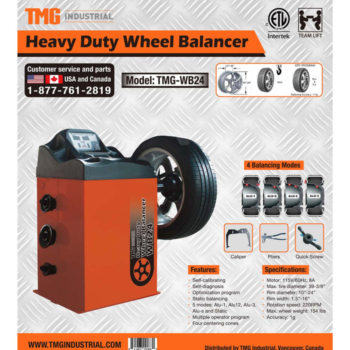 TMG Industrial Self-Calibrating Wheel Balancer, 10”-24” Rim, Computerized, 220 RPM, +/- 1 g of Accuracy, ALU Balancing Modes, TMG-WB24