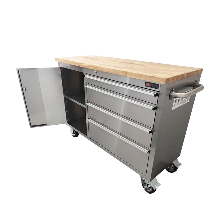 TMG Industrial 48” Stainless Steel Rolling Workbench, Rubberwood Tabletop, Lockable Drawers and Cabinet, Locking Wheels, TMG-WB4804S